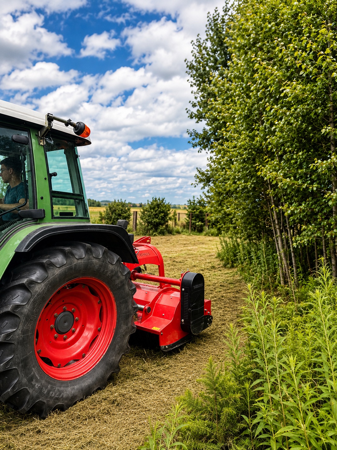 Ciągnik z kosiarką bijakową podczas pracy przy zaroślach